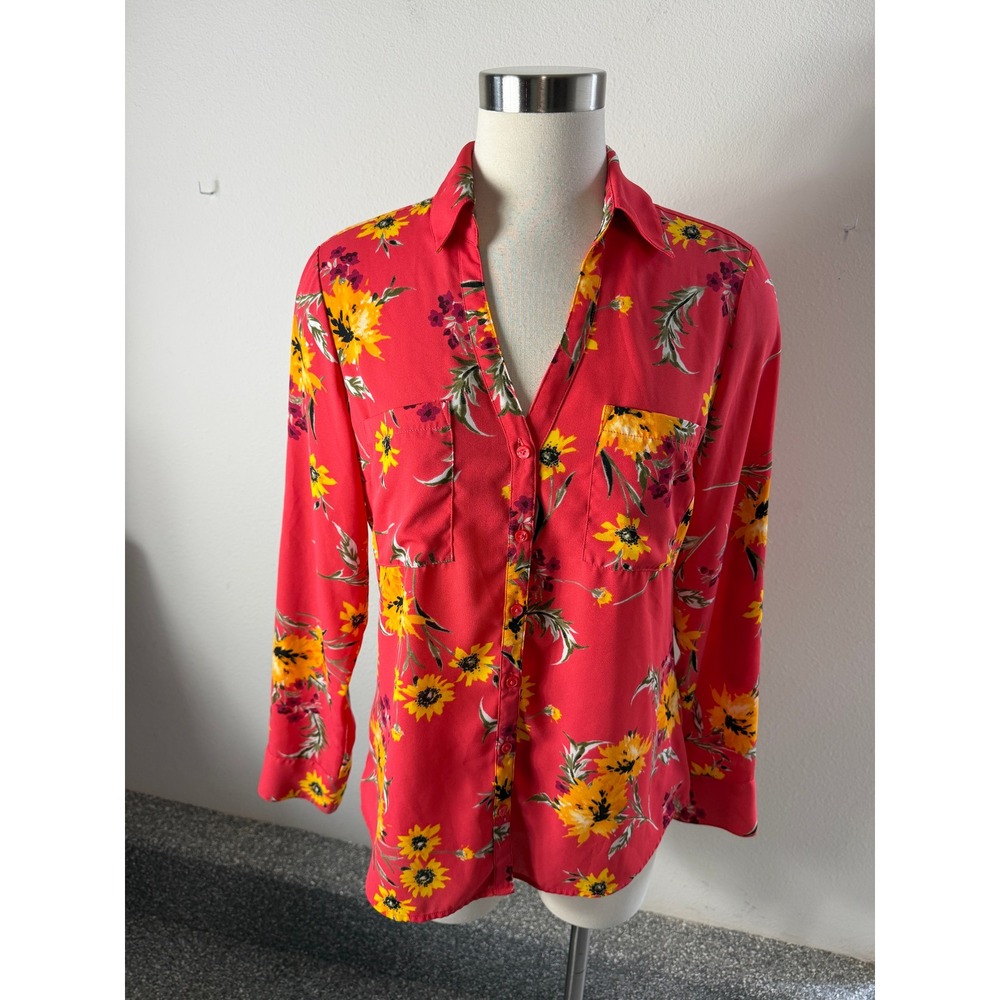 Express Portofino Shirt Womens Medium Slim Red Floral Button Up Shirt Blouse